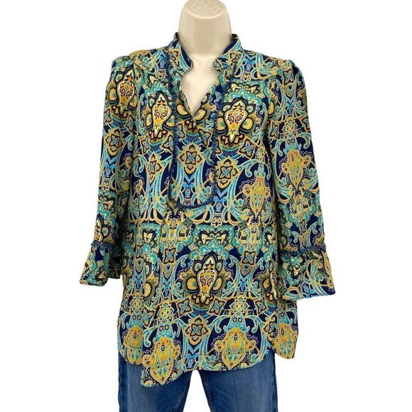 Jade blue & Yellow Print Blouse Size XS - Picture 2 of 10